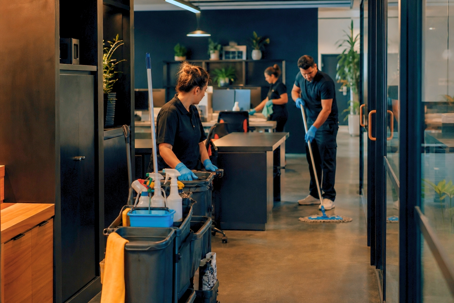 Equipo de limpieza trabajando en una oficina
