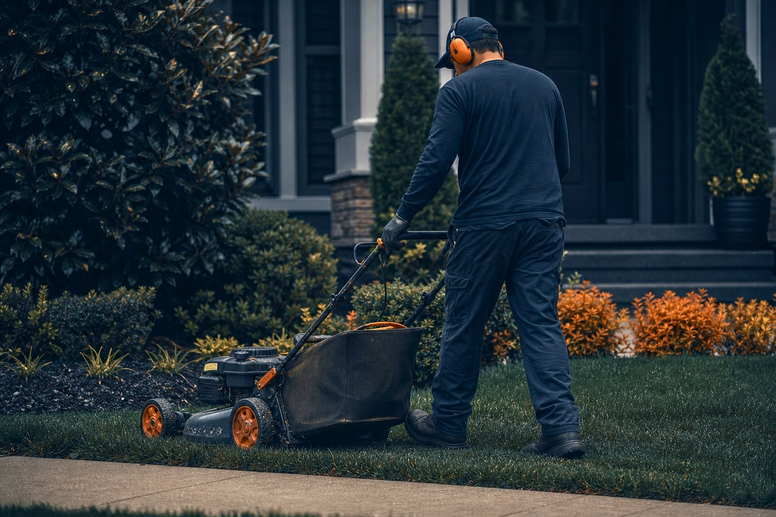 Jardinero cortando el césped afuera de una casa