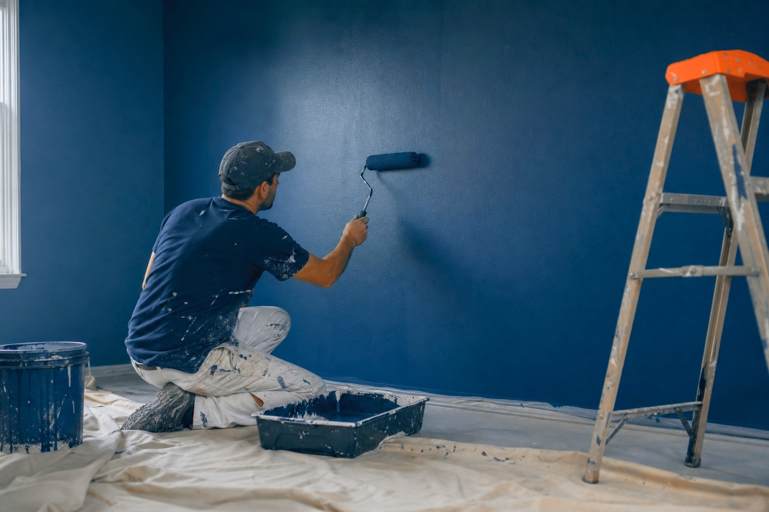 Pintor usando un rodillo en una pared interior