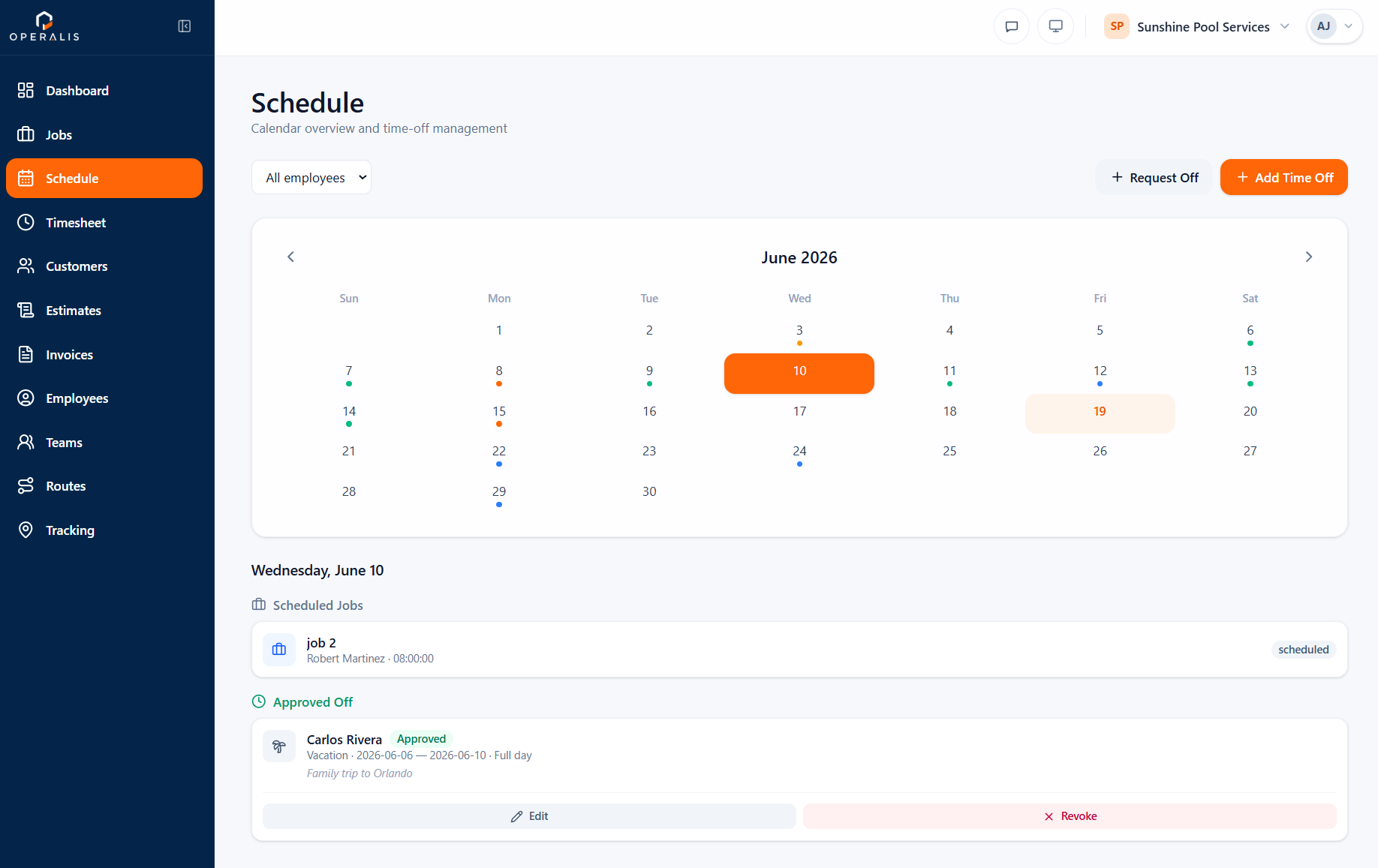 Operalis schedule calendar with color-coded jobs and approved time off