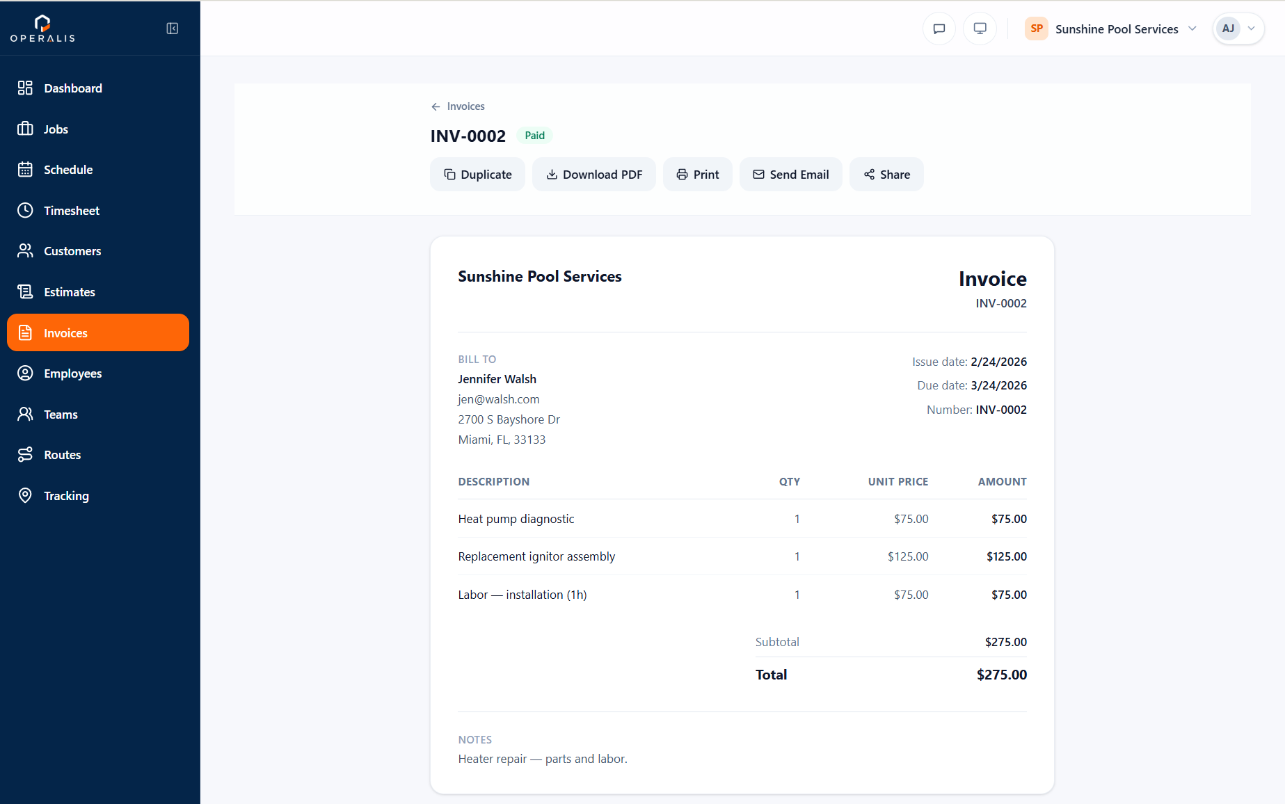 Operalis bid with itemized line items and totals