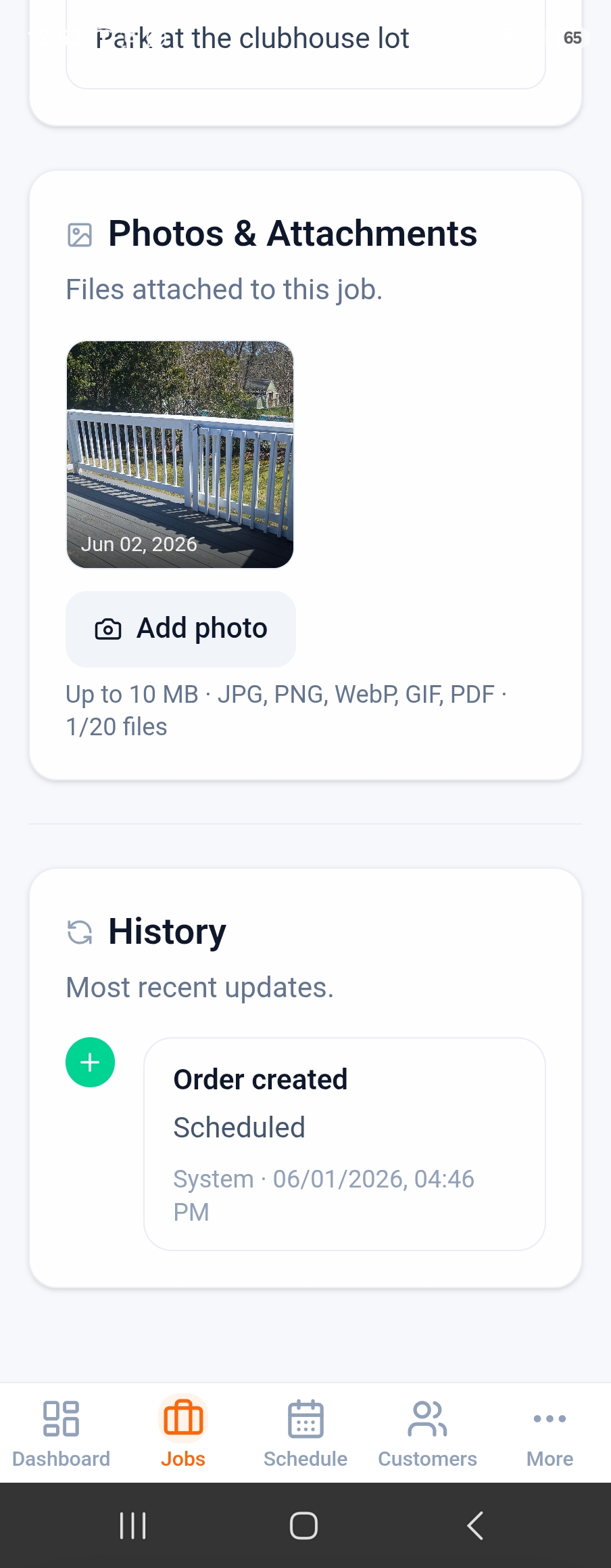 Operalis job details and photo upload screen on mobile