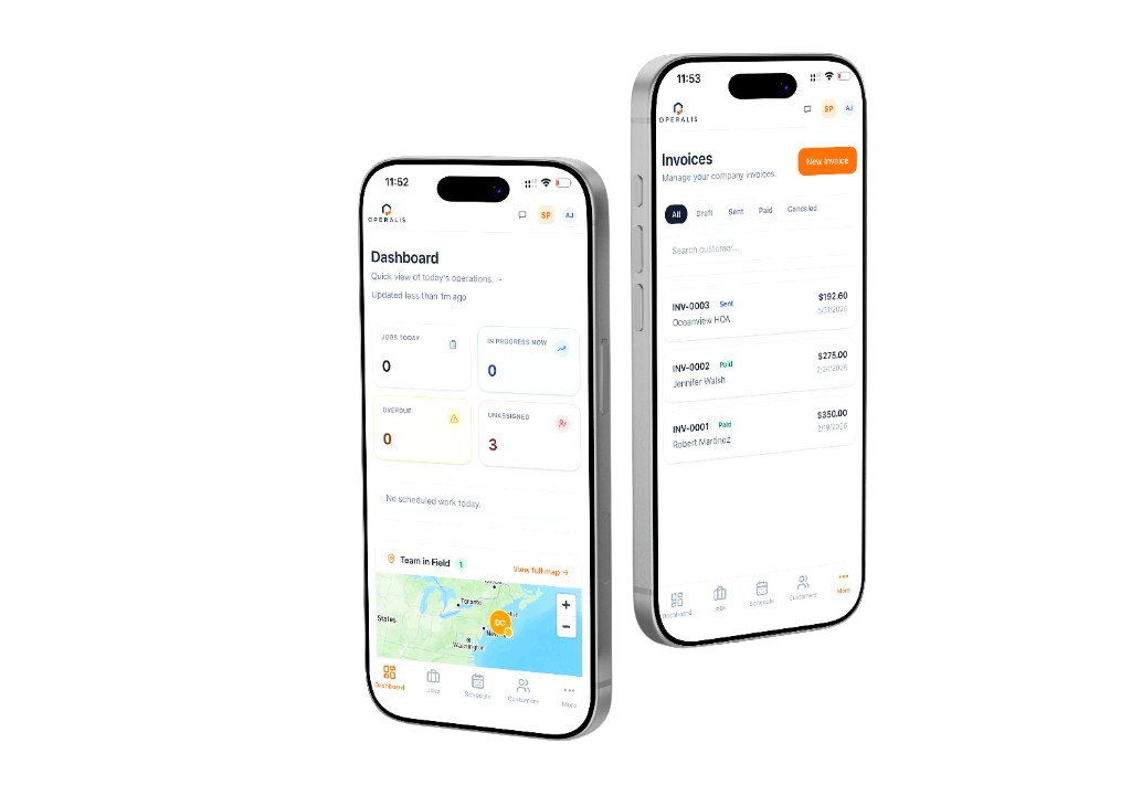 Operalis mobile app showing dashboard and invoices on iPhone